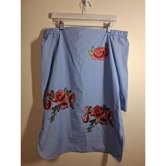 Hannah Dresses & Skirts - Hannah Boho Dress Floral Applique Off Shoulder Cottage Pinstripe Blue Size Large